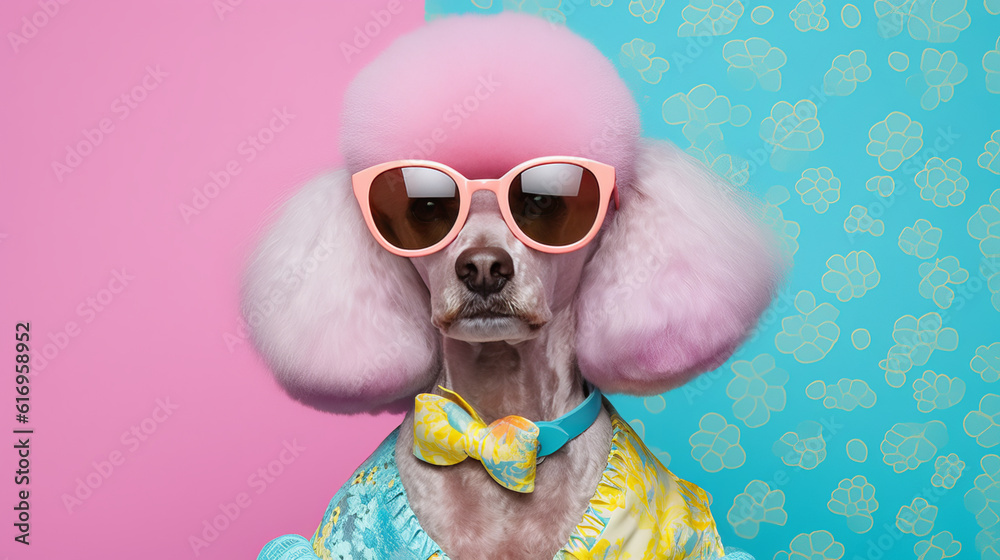 Poodle dog is wearing pink and yellow sunglasses in style of eye-catching resin jewelry. Generative AI