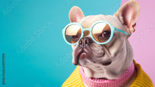 Pug dog is wearing pink and yellow sunglasses in style of eye-catching resin jewelry. Generative AI