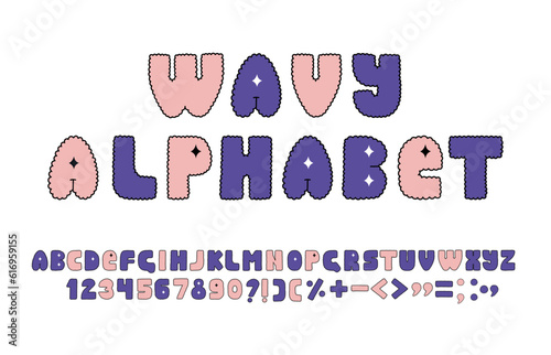 Cute alphabet, numbers, and symbols. Set of funky letters. Vector.