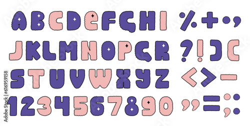 Cute alphabet, numbers, and symbols. Set of funky letters. Vector.