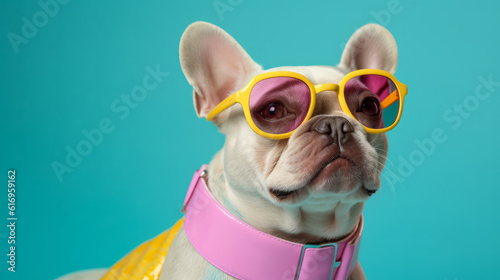 Pug dog is wearing pink and yellow sunglasses in style of eye-catching resin jewelry. Generative AI