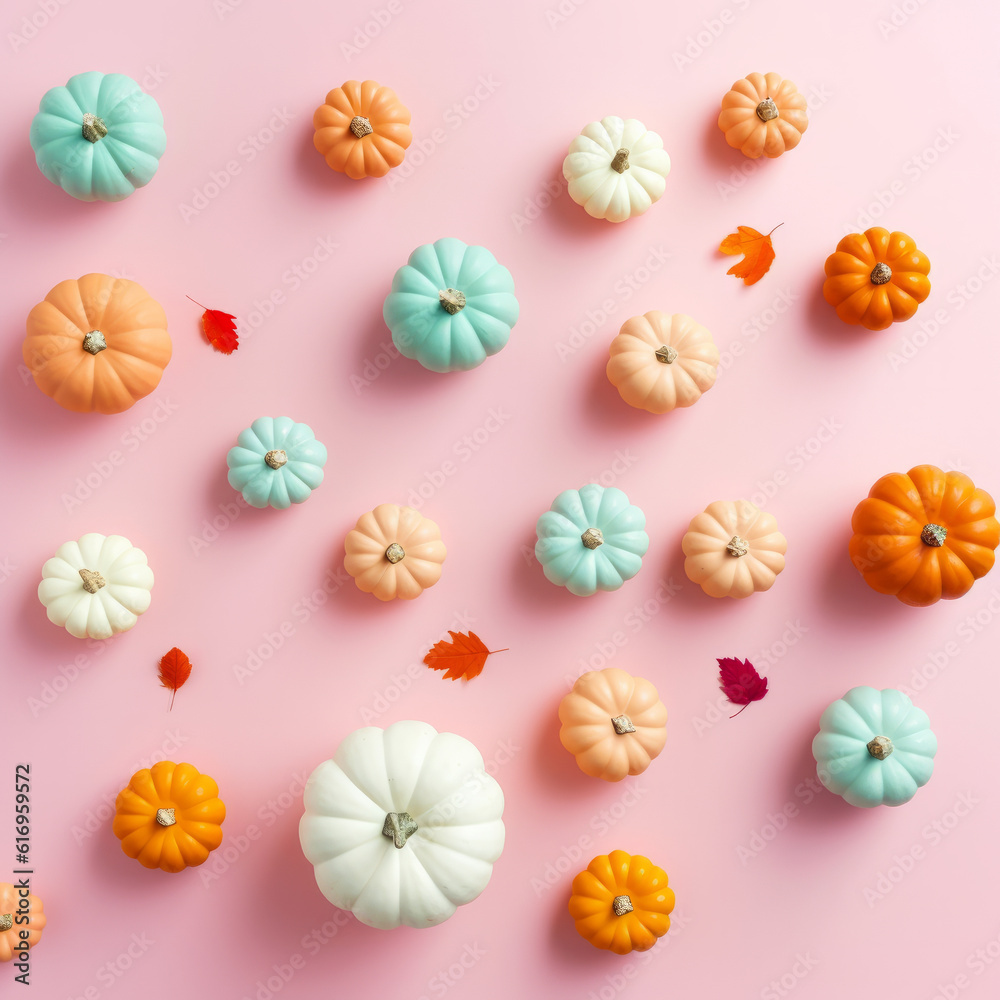 Several colorful pumpkins piled up on a pink background. Generative AI Several colorful pumpkins piled up on a pink background. Generative AI