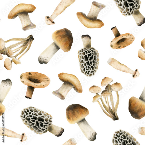 Edible brown mushrooms watercolor seamless pattern on white background. Woodland forest plants illustration of organic cooking ingredient for healthy cookbook recipes