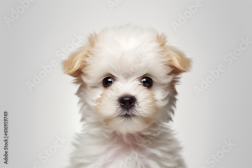 The gentle touch of studio lighting brings out the adorable features of a baby puppy on a pristine white background. Generative AI.