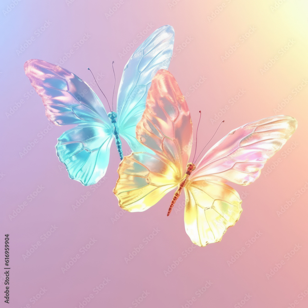 Transparent glowing butterflies in rainbow color, miimla pastel background. Generative AI Transparent glowing butterflies in rainbow color, miimla pastel background. Generative AI