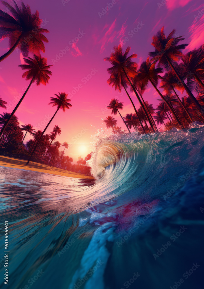 Wave with palm tree, fish-eye lens, in golden hour. Generative AI