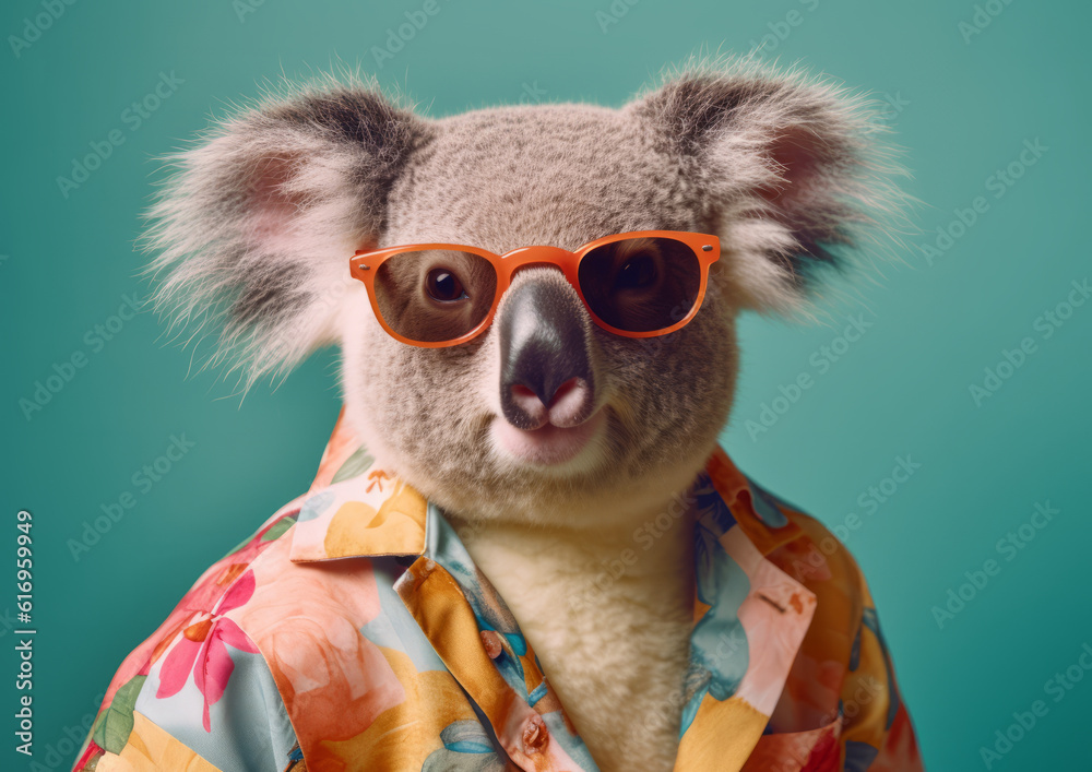 A koala in a Hawaiian shirt with glasses in front of blue background. Generative AI A koala in a Hawaiian shirt with glasses in front of blue background. Generative AI