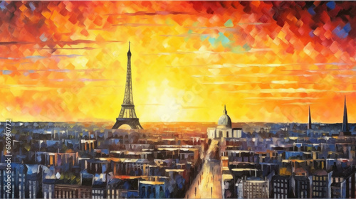 Panorama of Paris oil painting created with generative AI technology