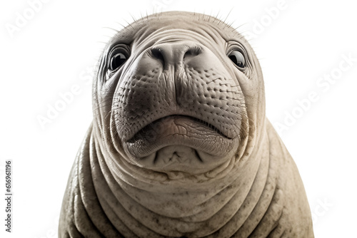 The pure beauty of a baby elephant seal is brought to life on a white background, illuminated by the artistry of studio light. Generative AI.