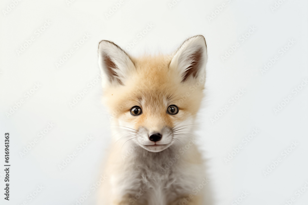 Obraz premium A baby fox captures hearts as it stands against a clean white background, radiating joy under the gentle studio light. Generative AI.