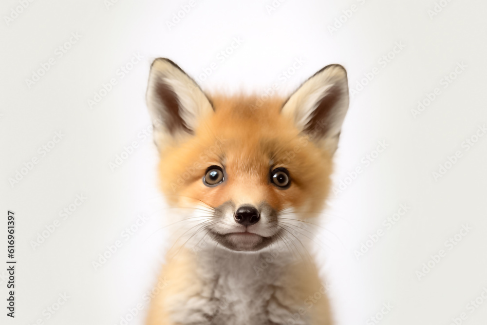 Obraz premium A baby fox captures hearts as it stands against a clean white background, radiating joy under the gentle studio light. Generative AI.