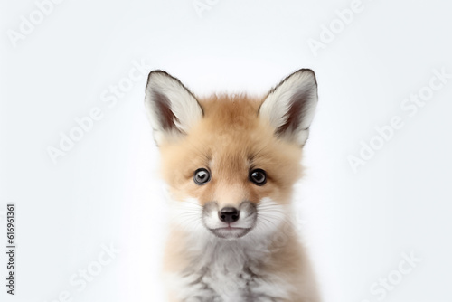 A baby fox captures hearts as it stands against a clean white background, radiating joy under the gentle studio light. Generative AI.