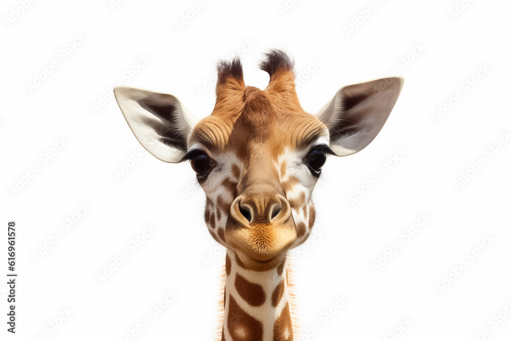 Fototapeta premium In the realm of innocence, a baby giraffe shines brightly on a white background, guided by the magic of studio lighting. Generative AI.