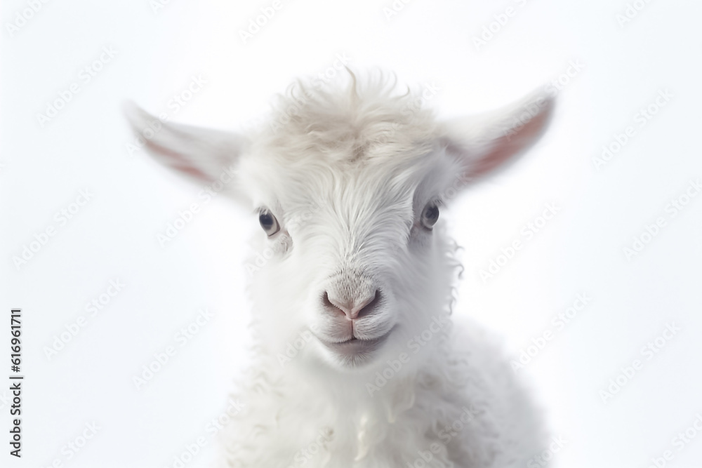 Fototapeta premium A baby goat's charm and sweetness come alive on a pristine white backdrop, embraced by the soft glow of studio light. Generative AI.