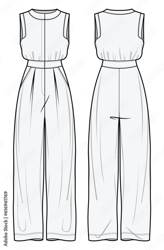 Women's Band Collar Sleeveless Jumpsuit Front and Back View. Fashion