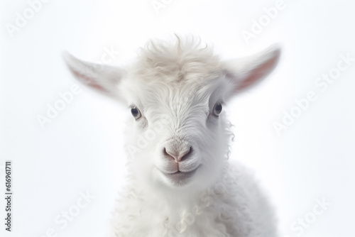 A baby goat's charm and sweetness come alive on a pristine white backdrop, embraced by the soft glow of studio light. Generative AI. photo