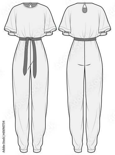Round Neck Kimono Jumpsuit, Batwing Sleeve Jumpsuit Front and Back View. Fashion Flat Sketch Vector Illustration, CAD, Technical Drawing, Flat Drawing, Template, Mockup.