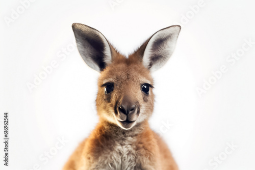 A baby kangaroo's adorable presence shines brightly against a clean white background, accentuated by the soft studio light. Generative AI.