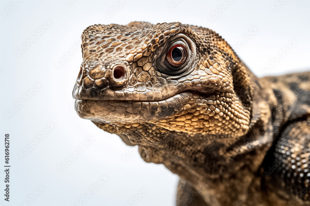 Fototapeta premium With innocence and charm, a baby komodo dragon poses against a pristine white backdrop, illuminated by the captivating studio light. Generative AI.