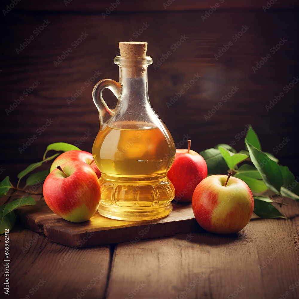 Bottle apple cider vinegar and fresh apples in wooden backgrounds. Ai generative Bottle apple cider vinegar and fresh apples in wooden backgrounds. Ai generative