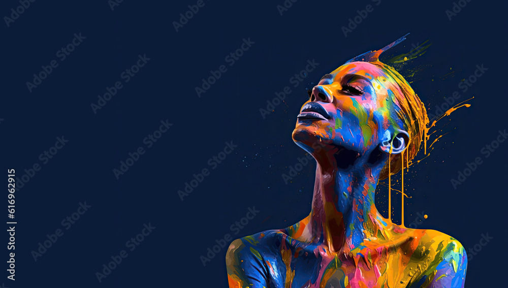 Naklejka premium A young, smiling woman on a navy blue background. Face and arms covered with flowing paint in various colors.Generative AI.