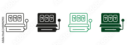 Casino Lucky, Jackpot, 777 in Las Vegas Pictogram. Slot Machine Line and Silhouette Icon Set. Fruit Machine, Gamble Sign. Gambling, Lottery, Money Game. Isolated Vector Illustration