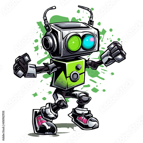 Dancing Robot with a Vinyl - Silver and black, neon green, neon blue, dancing robot, vinyl, technology, futuristic, toy, 3D, metallic