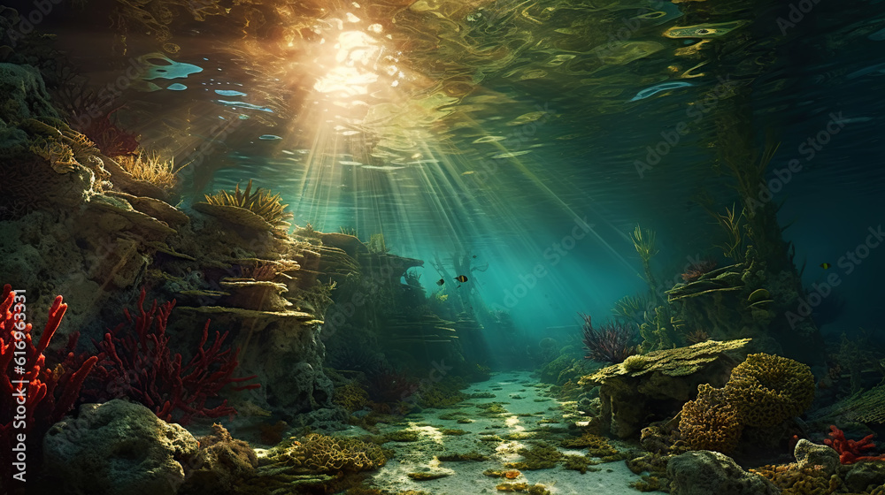 Underwater sunlight through the water surface seen from a rocky seabed with algae. Generative AI Underwater sunlight through the water surface seen from a rocky seabed with algae. Generative AI
