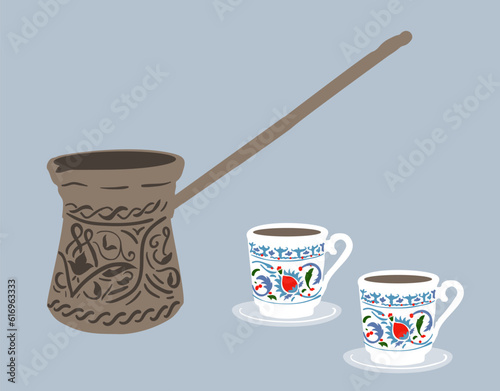 Traditional Turkish coffee pot cezve with two small coffee cups, vector illustration