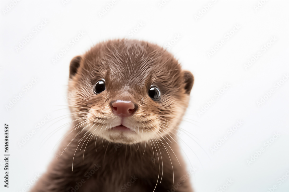 In the realm of pure delight, a baby otter captures hearts on a white background, bathed in the gentle glow of studio lighting. Generative AI. In the realm of pure delight, a baby otter captures hearts on a white background, bathed in the gentle glow of studio lighting. Generative AI.