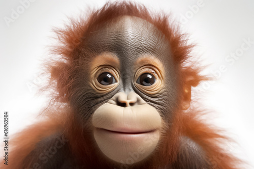 With a backdrop of pure serenity, a baby orangutan poses gracefully on a white background, radiating charm under the warm studio light. Generative AI.