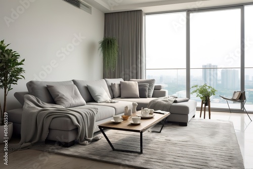 3d rendering of modern living room with white sofa, home desk in wall with decor, personal accessories, lamp, books, dry flowers in a vase, ceramics. Pouf with a blanket. Wood panel,Generative AI © Azar