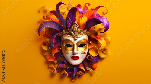 venetian carnival mask on yellow background created with Generative AI