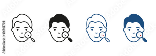 Skincare, Dermatology Examination of Man Skin Line and Silhouette Icon Set. Facial Skin Care Symbol Collection. Checkup of Boy Skin Face with Magnifier Pictogram. Isolated Vector Illustration