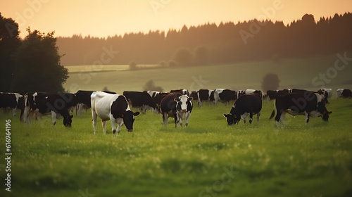 cows grazing in a field with morning view created with Generative AI