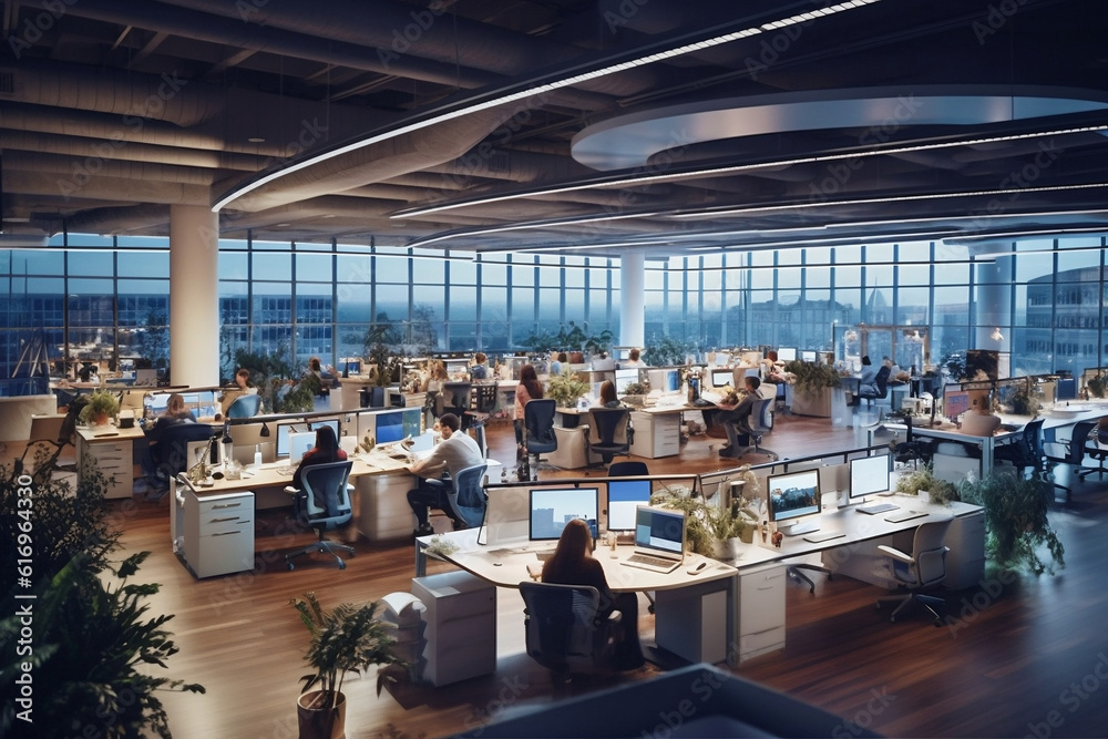 A timelapse image showcasing employees working diligently in an open office space, reflecting
