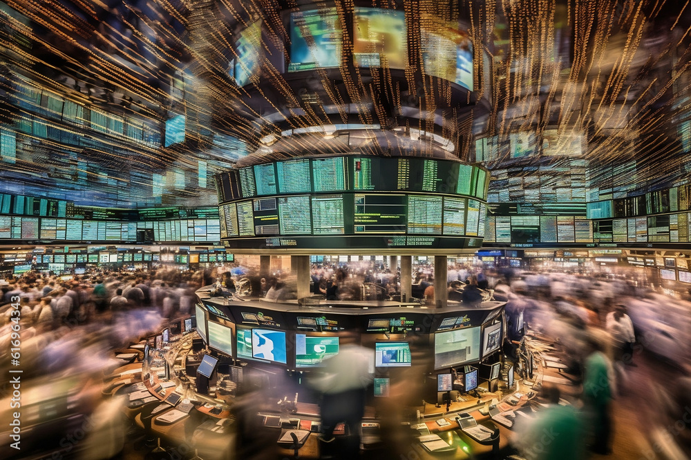 A time-lapse photo capturing the hustle and bustle of a stock market trading floor, portraying the fast-paced nature of financial business environments.