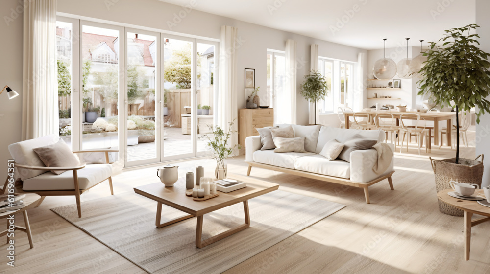 Scandinavian Indoor Design: Inspiring Real-Estate Rooms, Nature-Inspired new modern loft apartment. 3d rendering
Generative AI