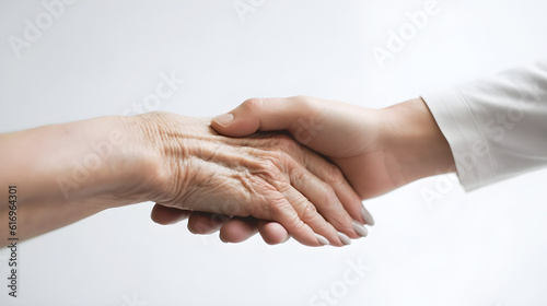 close up of old person hands and young person hand holding each other created with Generative AI