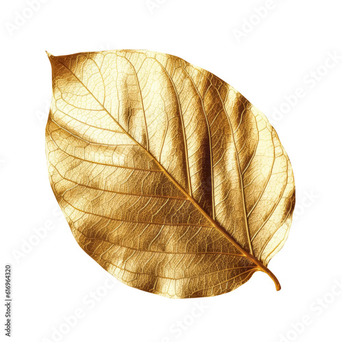 Golden metallic 3d leaf isolated on white. Single luxury gold floral element. Generative AI.