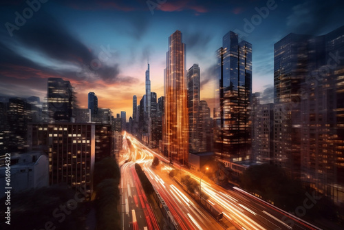 A dynamic time-lapse photograph showing a bustling corporate district from dawn to dusk, reflecting the non-stop world of business.