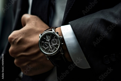 Close-up photo of a businessman's wristwatch, a symbol of punctuality and precision in the business world.