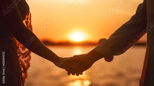 Couple holding hand walking along side the beach with sunset view created with Generative AI