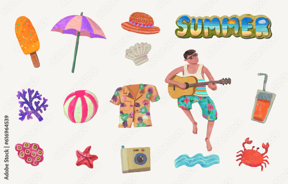 Fototapeta premium Summer at the sea watercolor vector set illustration. beach and travel.