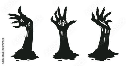 Bony zombie arms. Halloween creepy hands sticking out of ground. Spooky monsters scrawny hands silhouettes flat cartoon vector illustration set