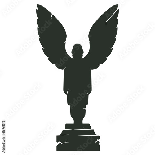 Halloween angel tombstone. Cartoon cemetery gravestone statue with wings, horror obelisk silhouette flat vector illustration