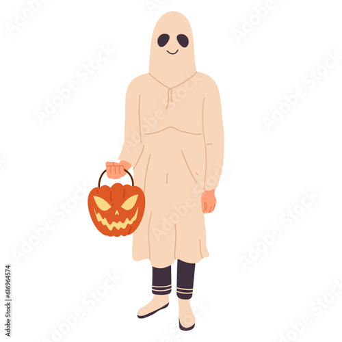 Halloween party ghost character. Man wearing ghost masquerade costume. Spooky holiday party costume flat vector illustration