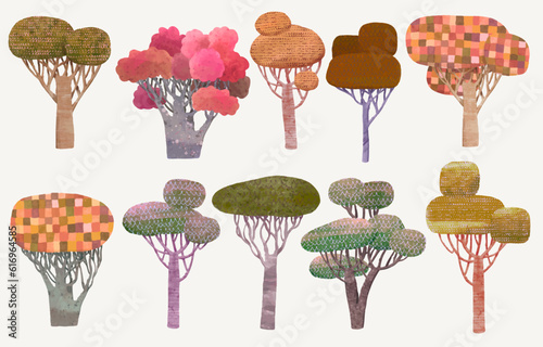 Tree, watercolor vector set illustration. plant in autumn forest.