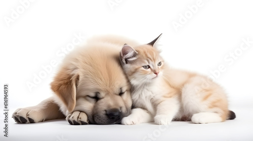 cute cat and dog sleeping on white background created with Generative AI