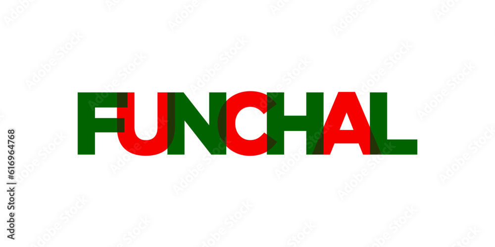 Funchal in the Portugal emblem. The design features a geometric style, vector illustration with bold typography in a modern font. The graphic slogan lettering.